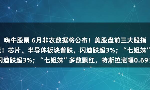 嗨牛股票 6月非农数据将公布！美股盘前三大股指期货分化！道指期货上涨！芯片、半导体板块普跌，闪迪跌超3%；“七姐妹”多数飘红，特斯拉涨幅0.69%